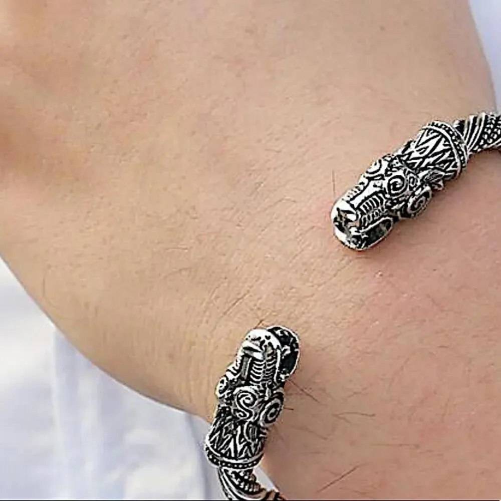 SILVER DRAGON VIKING BANGLE BRACELET